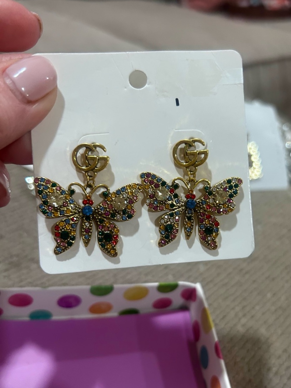 Fashion Jewelry Gold Butterfly Drop Earrings with Multicolor Stones